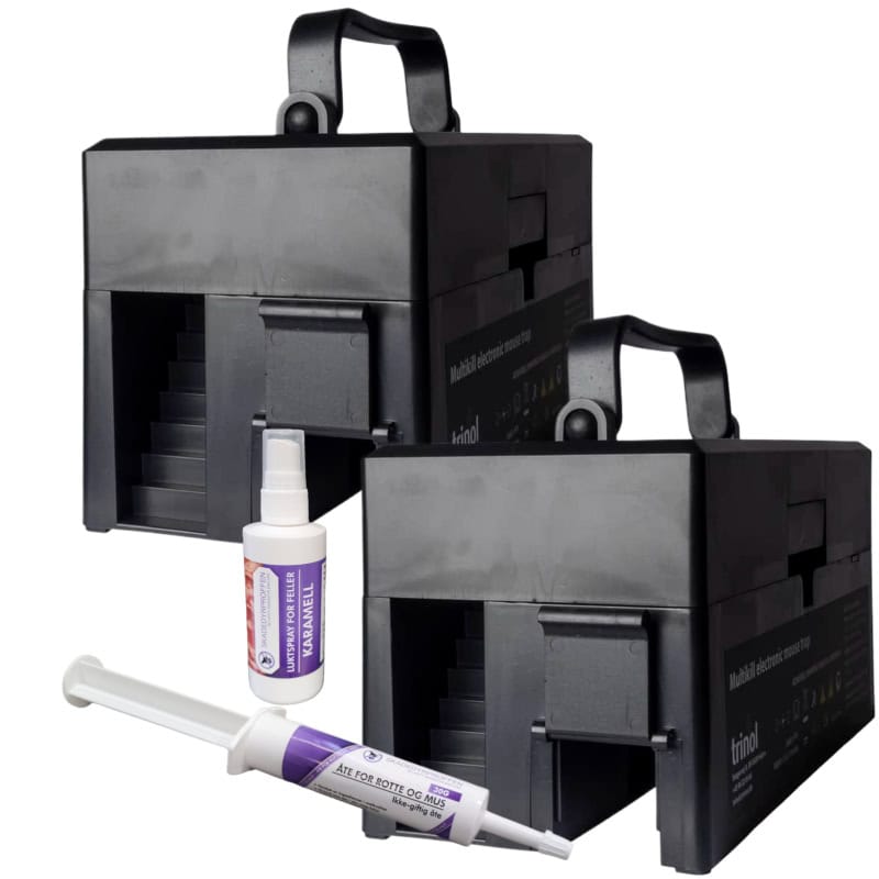 PARTISALG: 2 stk TRINOL Multikill elektrisk musefelle - for inntil 10 mus om gangen - MED profesjonelt åte OG karamellspray 1 trinol multikill bedre enn victor multikill